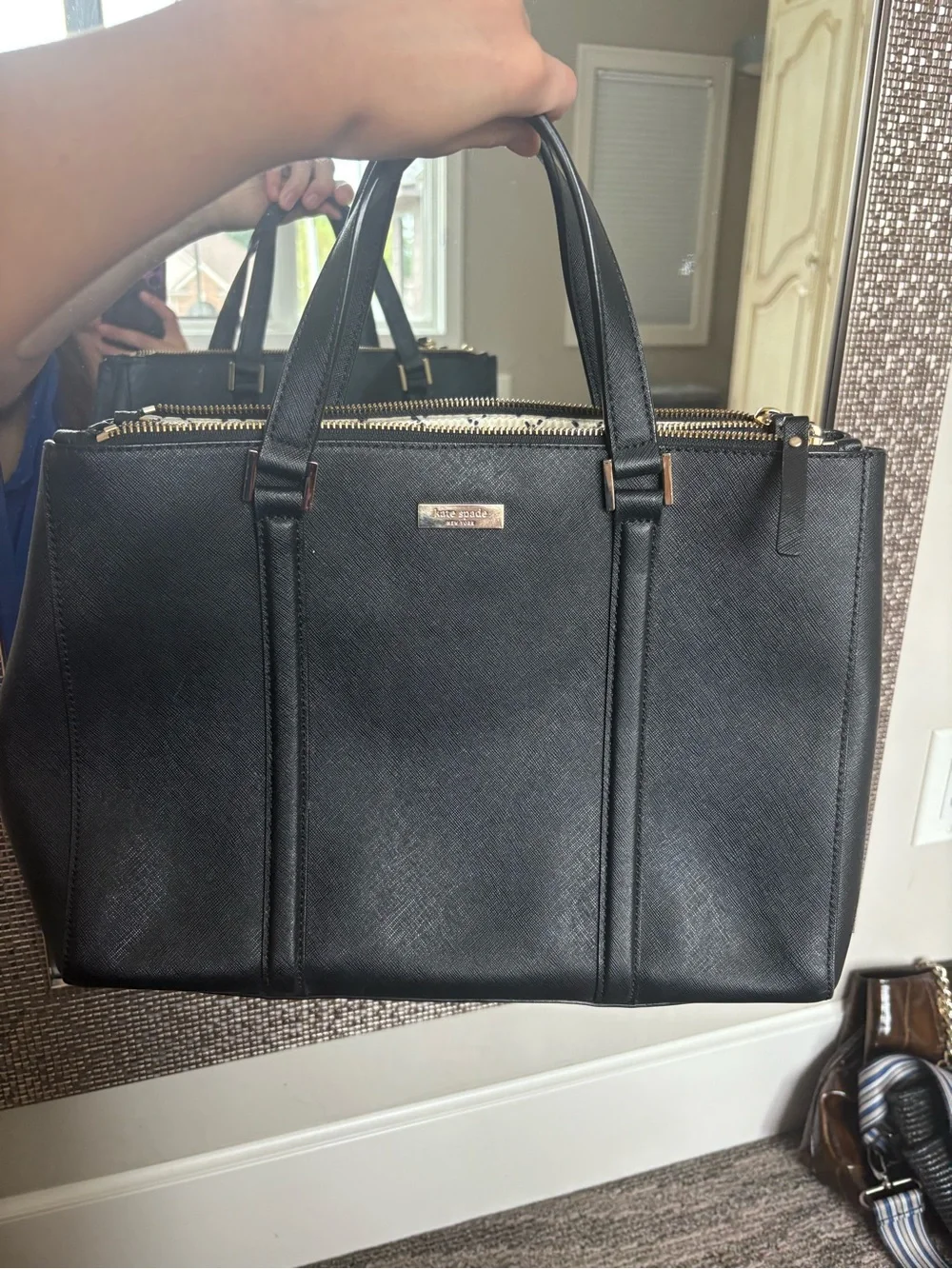 kate spade black saffiano tote with gold accents
